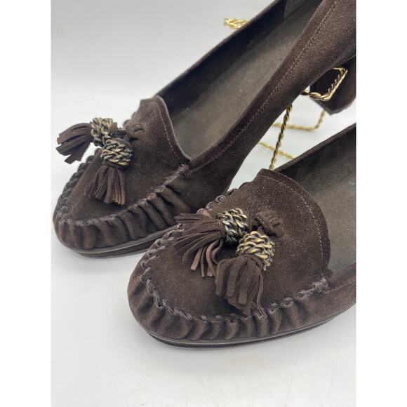 Stuart Weitzman Brown Suede 3” Heel Loafer tassels size 10 Made in‎ Brazil - Picture 5 of 8